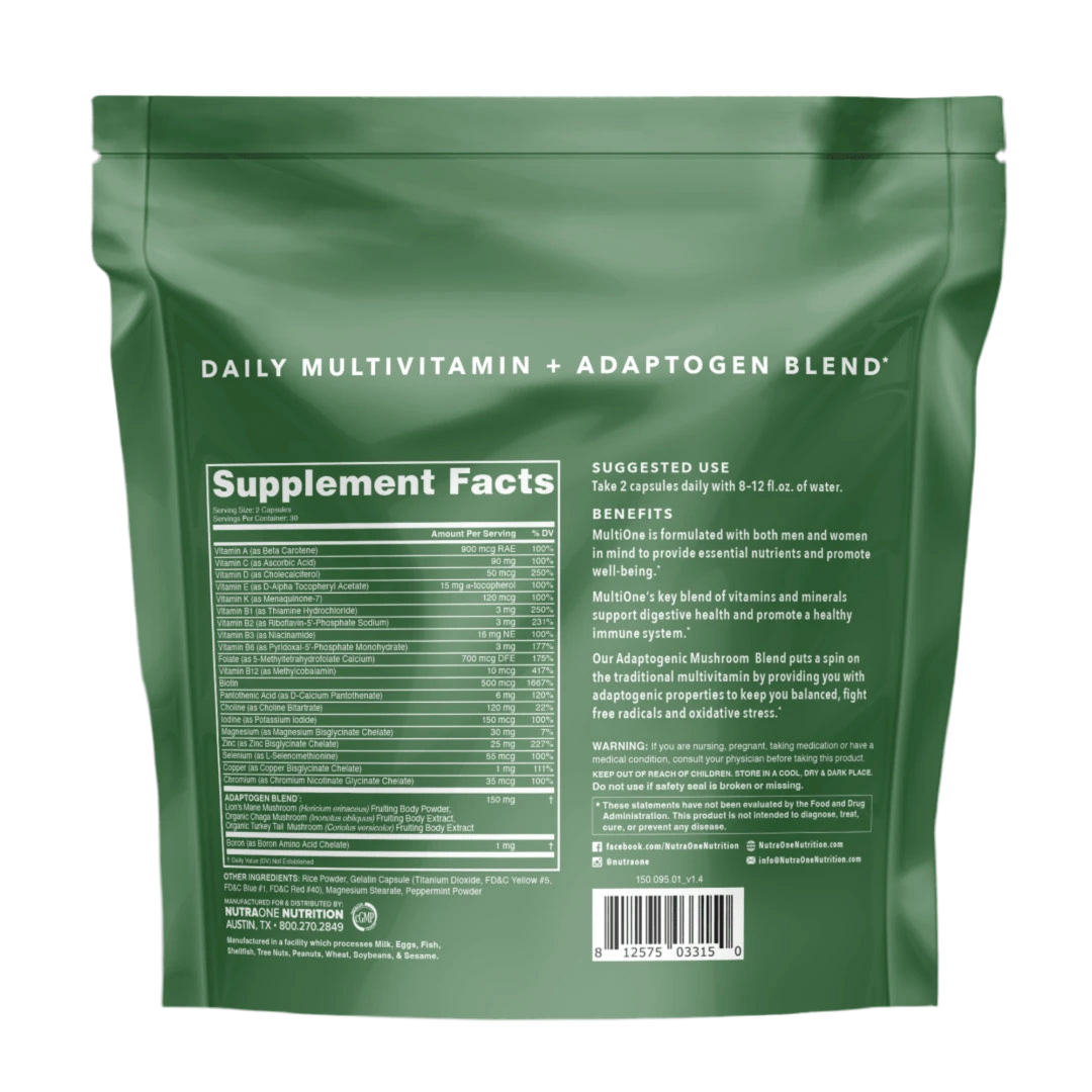 Green supplement package with 'Daily Multivitamin + Adaptogen Blend' text on a white background