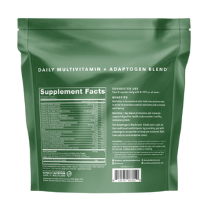 Green supplement package with 'Daily Multivitamin + Adaptogen Blend' text on a white background