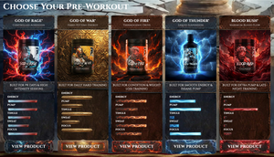 A promotional graphic showing four pre-workout supplement bottles labeled God of Rage, God of War, God of Fire, and Blood Rush, each with fiery or electric themed artwork and feature text such as 'Built for 90+ days & high intensity training.' The top banner reads 'CHOOSE YOUR PRE-WORKOUT.