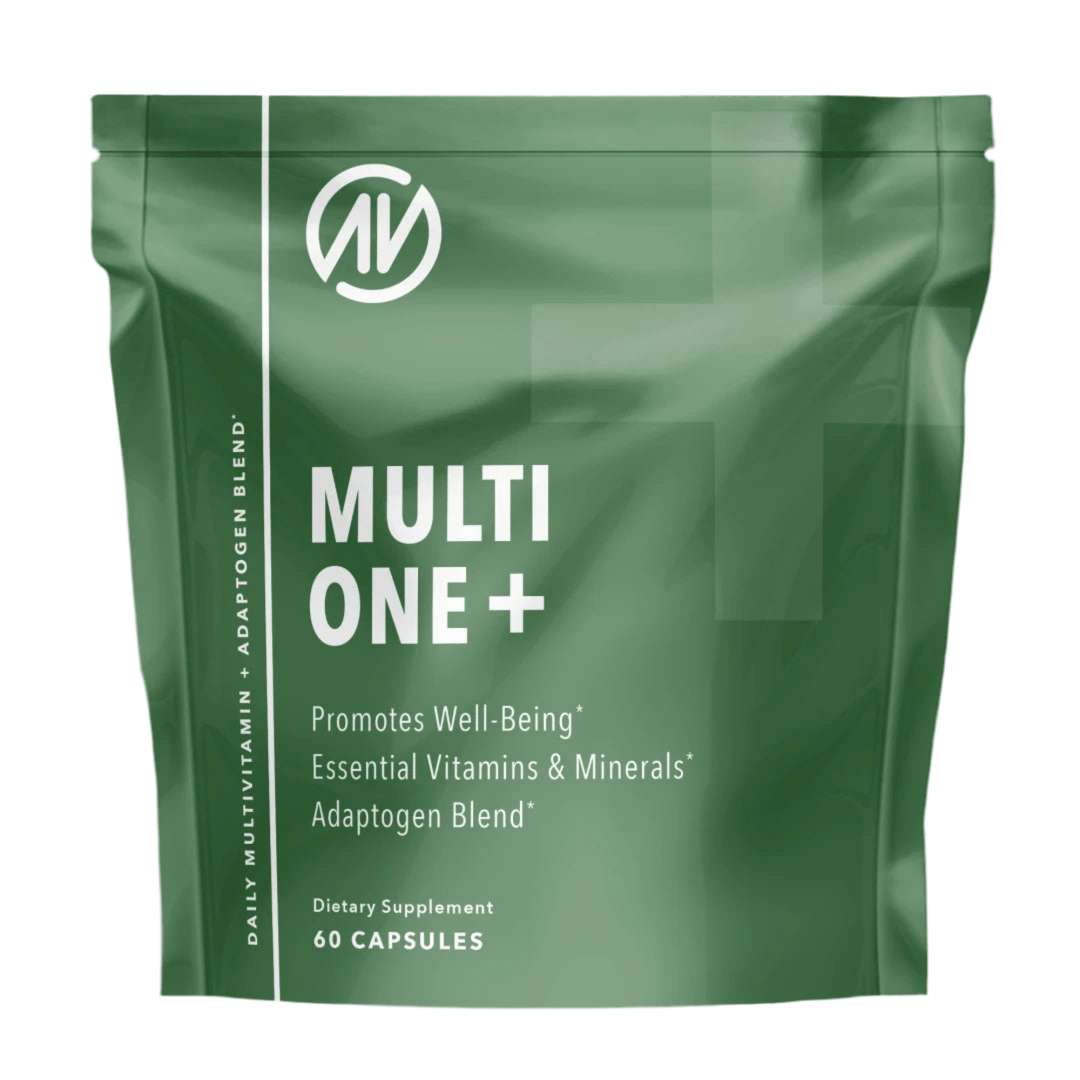 Green supplement package labeled 'Multi One+' with branding on a white background