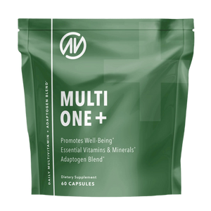 Green supplement package labeled 'Multi One+' with branding on a white background