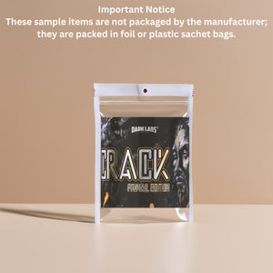 Foil or plastic sachet bag with 'Dark Labs' branding on a beige background