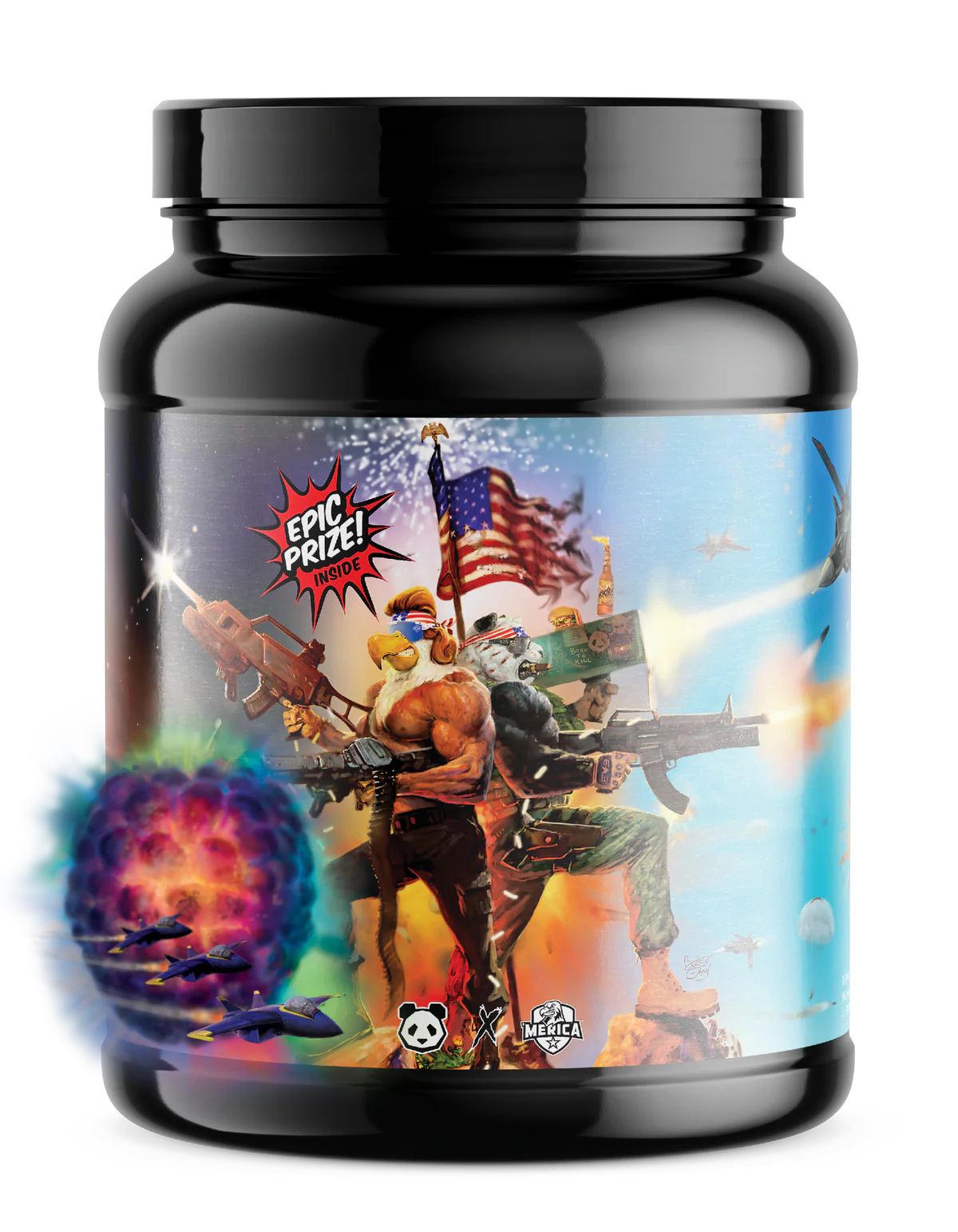 Black supplement jar with colorful label featuring action figures and American flag.