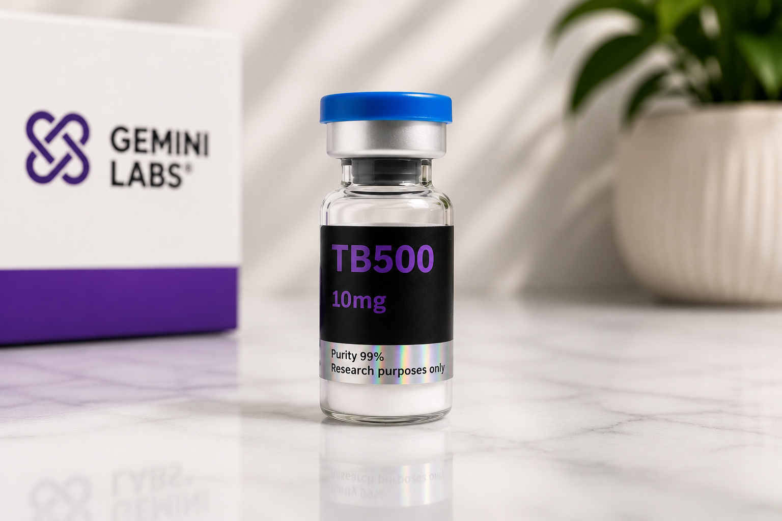 Vial labeled TB500 with Gemini Labs branding on a white surface.