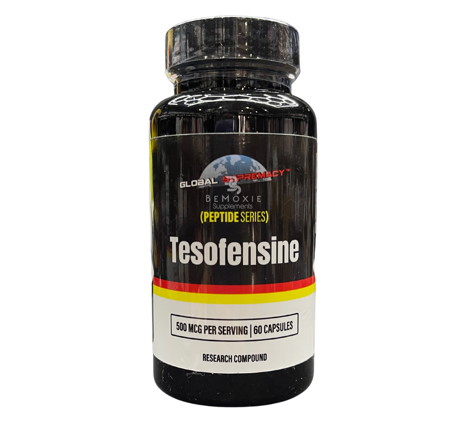 Black supplement bottle labeled 'Tesofensine' with Global Supremacy branding on a white background.