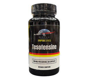 Black supplement bottle labeled 'Tesofensine' with Global Supremacy branding on a white background.