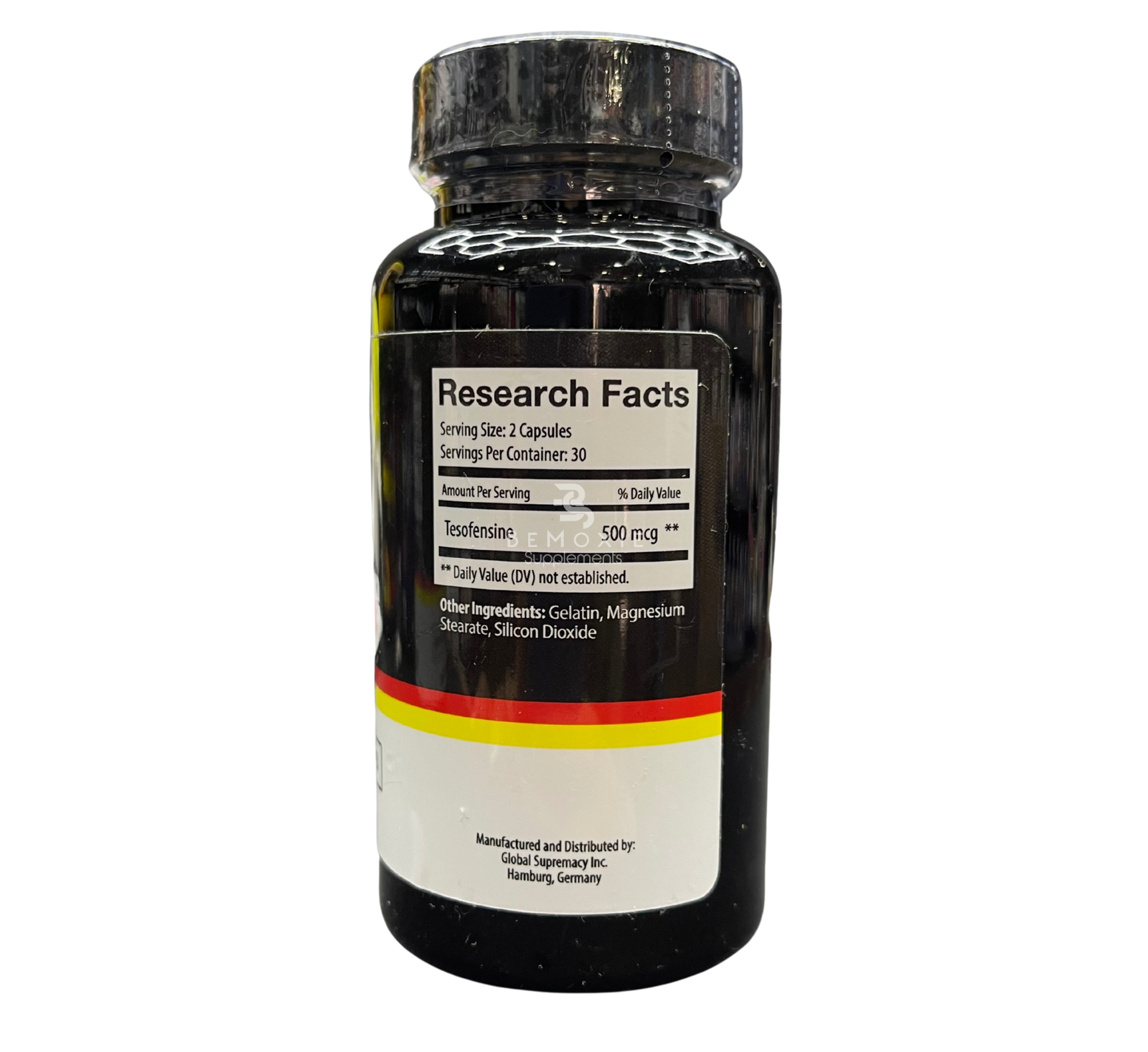 Black supplement bottle labeled 'Tesofensine' with Global Supremacy branding on a white background.