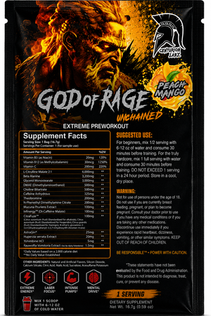 Back side of a preworkout supplement pouch showing a fiery God of Rage graphic, supplement facts, usage instructions, and branding for God of Rage Unchained by CenturionLabz.