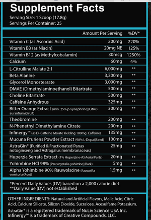 A supplement facts label with a black background, teal header and footer, and white text listing nutrients such as Vitamin C, Vitamin B3, Calcium, L-Citrulline, Beta Alanine, and others.