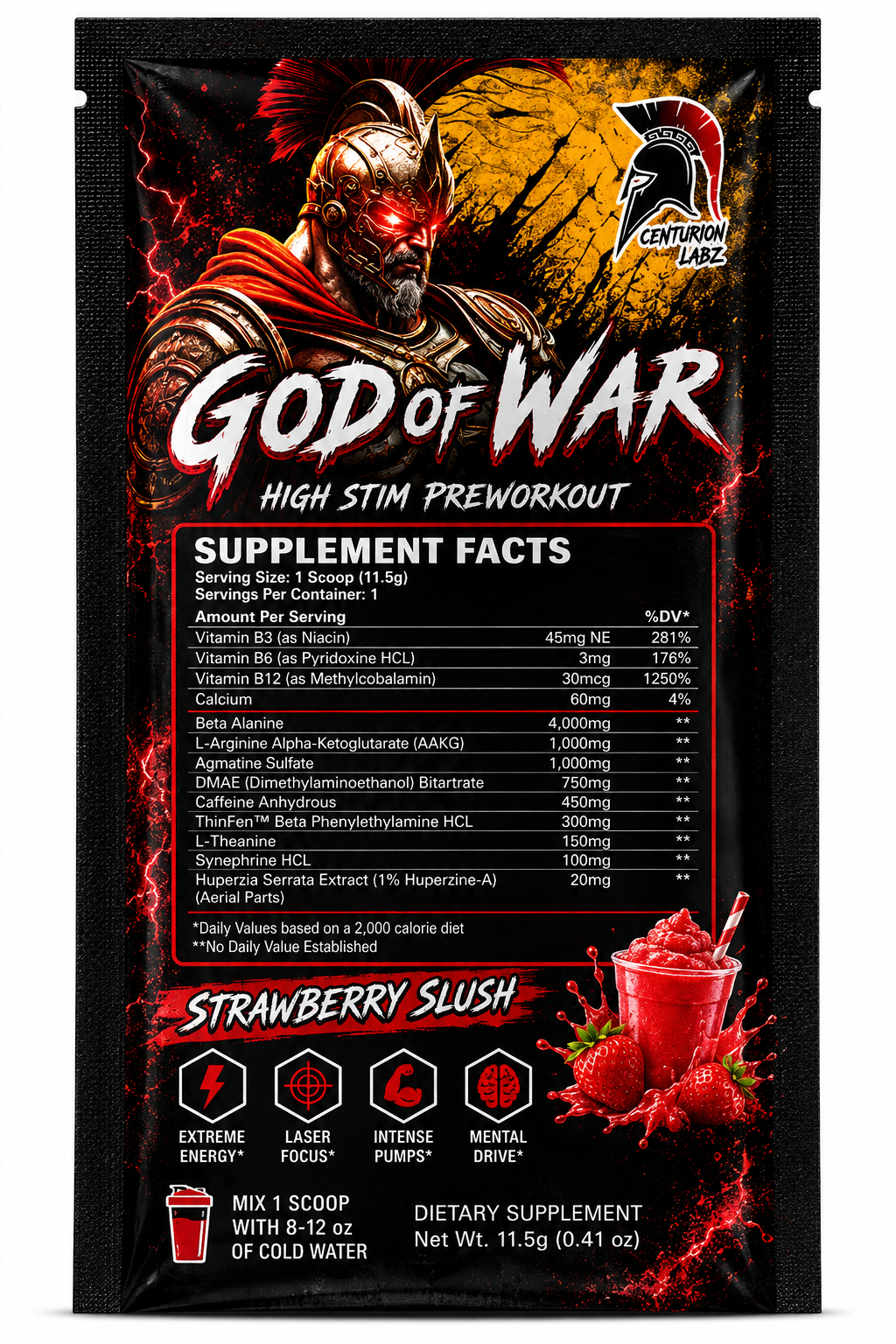 A single-serve pouch of Century Vars 'God of War' High Stim Preworkout in Strawberry Slush flavor, featuring a black background with red and yellow graphics, a Spartan helmet logo, and a detailed supplement facts panel.