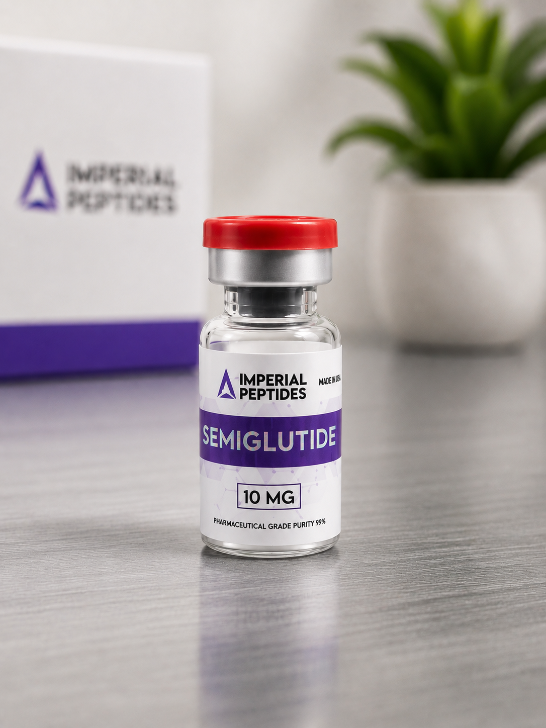 Vial labeled 'Semiglutide' by Imperial Peptides on a table with a blurred background