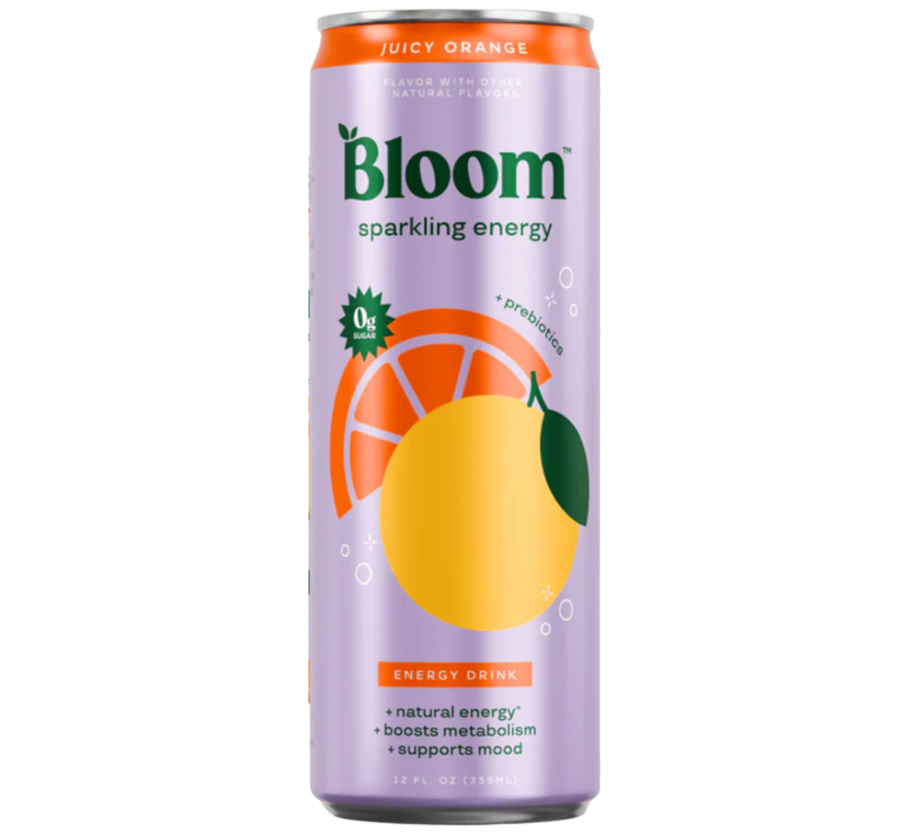 Bloom sparkling energy drink can with lemon and orange graphics on a white background