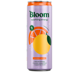 Bloom sparkling energy drink can with lemon and orange graphics on a white background
