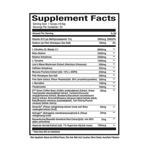 A supplement facts label reading 'Supplement Facts' with serving size 1 scoop (19 g) and a list of ingredients and nutrients including Vitamin B12, Sodium, L-Citrulline, Beta-Alanine, and others, on a black background.