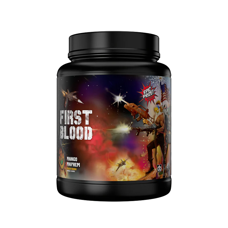 Black supplement container labeled 'First Blood' with colorful graphics on a white background