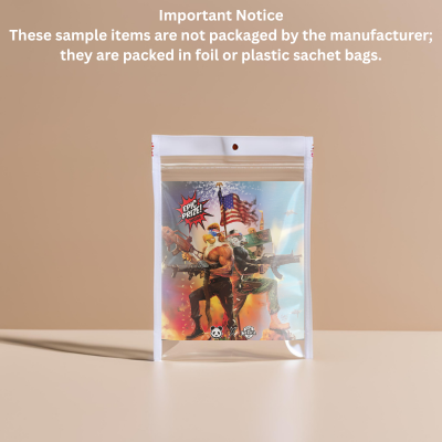 Clear plastic packaging with colorful design on a beige background
