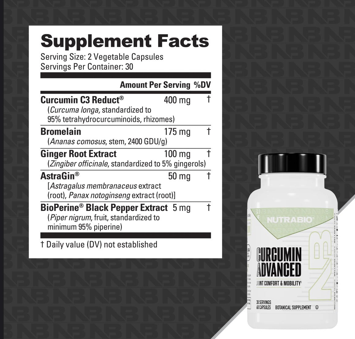 NUTRABIO Curcumin Advanced supplement bottle on a white background