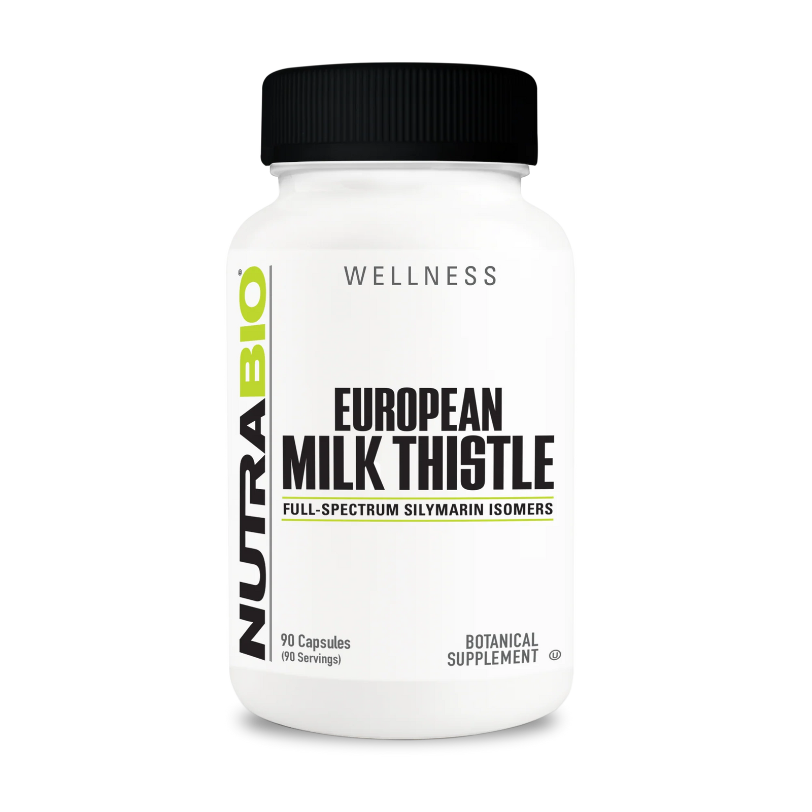 NutraBio European Milk Thistle supplement bottle on a white background