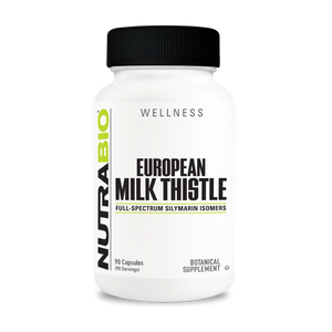 NutraBio European Milk Thistle supplement bottle on a white background