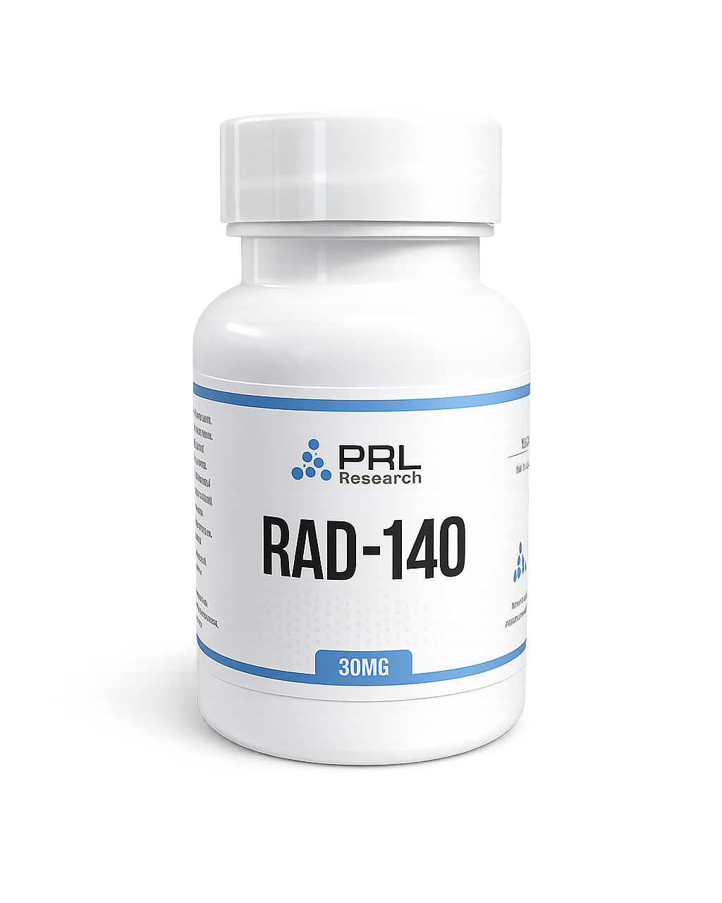 White supplement bottle labeled 'RAD-140' by PRL Research on a white background