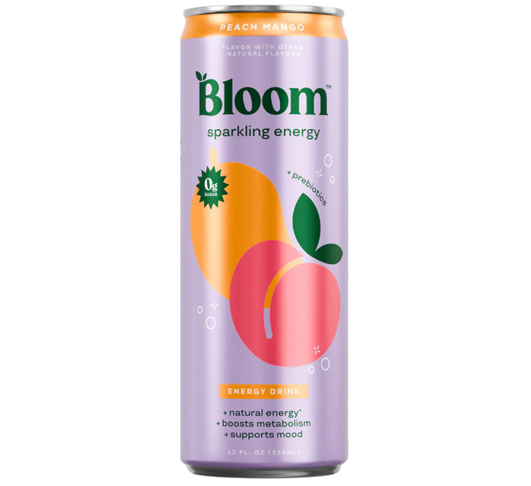 Bloom sparkling energy drink can with peach and mango design on a white background