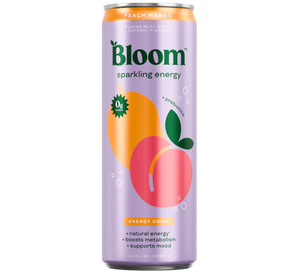 Bloom sparkling energy drink can with peach and mango design on a white background
