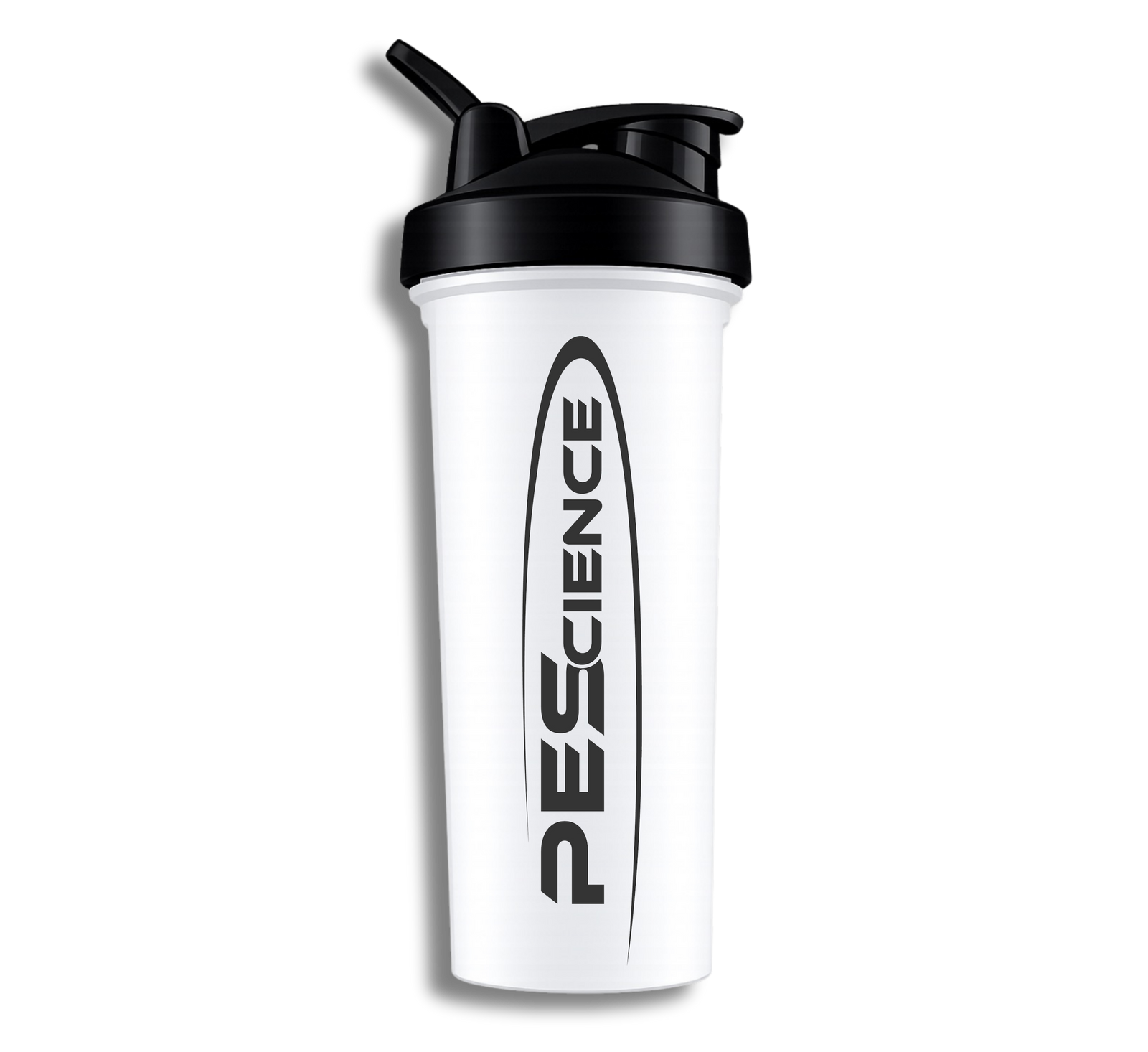 White shaker bottle with black cap and 'PEScience' logo on a white background