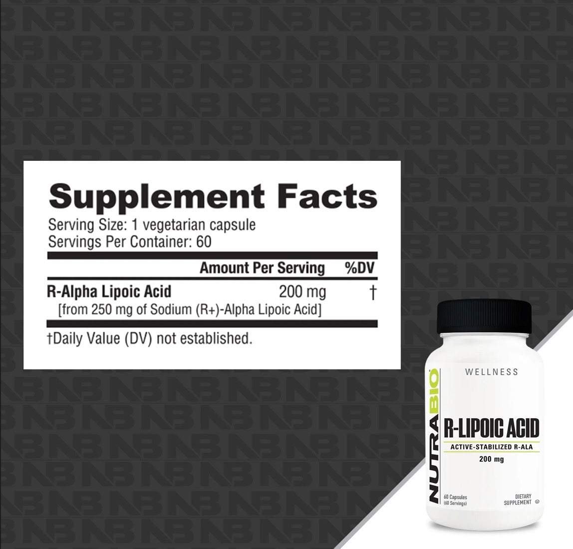 Supplement bottle labeled 'R-Lipoic Acid' by NutraBio on a white background