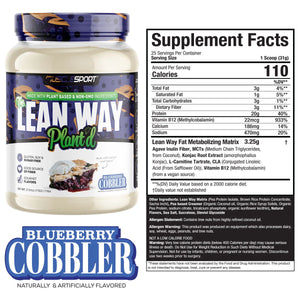 Supplement container labeled 'The Lean Way Plant’d’  with supplement facts on a white background