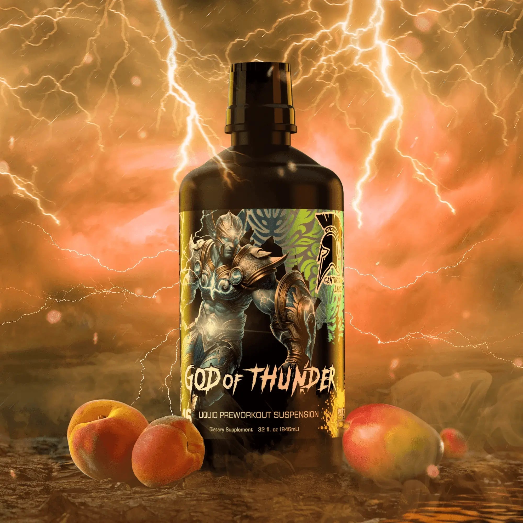Bottle labeled 'God of Thunder' with a fantasy design, surrounded by fruits and a dramatic background.