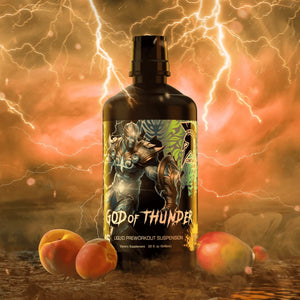 Bottle labeled 'God of Thunder' with a fantasy design, surrounded by fruits and a dramatic background.