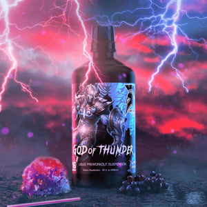 Bottle labeled 'God of Thunder' with a fantasy character design against a dramatic sky with lightning.