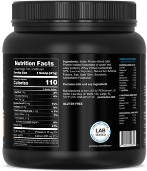 A black plastic tub of PeScience Select Protein Blend powder shown from the back, displaying the Nutrition Facts panel, ingredients list, and a blue 'Lab Tested' seal on a white background.