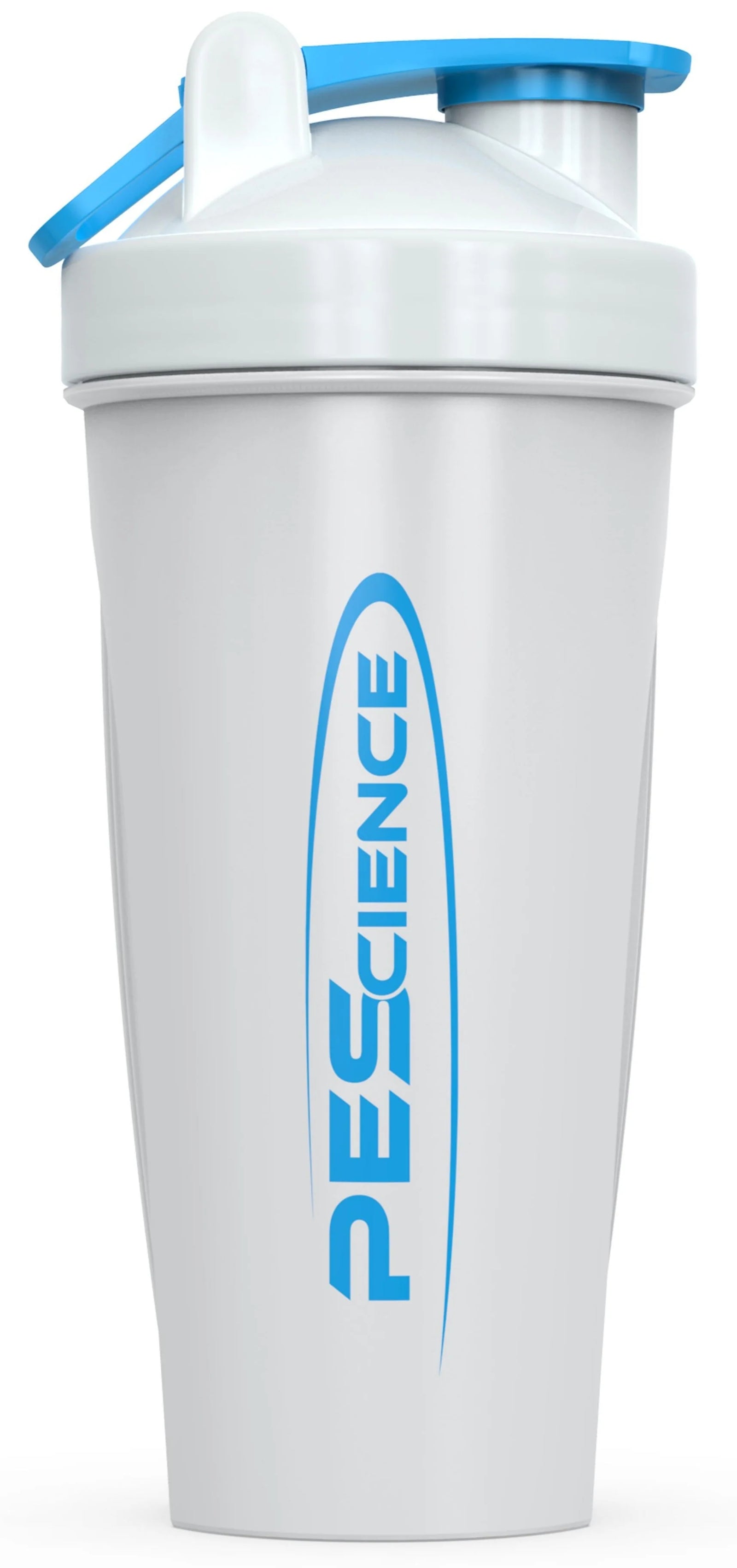 White shaker bottle with black cap and 'PEScience' logo on a white background